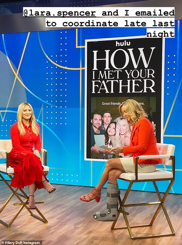 HIMYF: Hilary appeared early this morning on the news show to promote the second season of her hit sitcom How I Met Your Father.  The star posted this snap on social media joking that she and the host had emailed each other to coordinate their outfits.