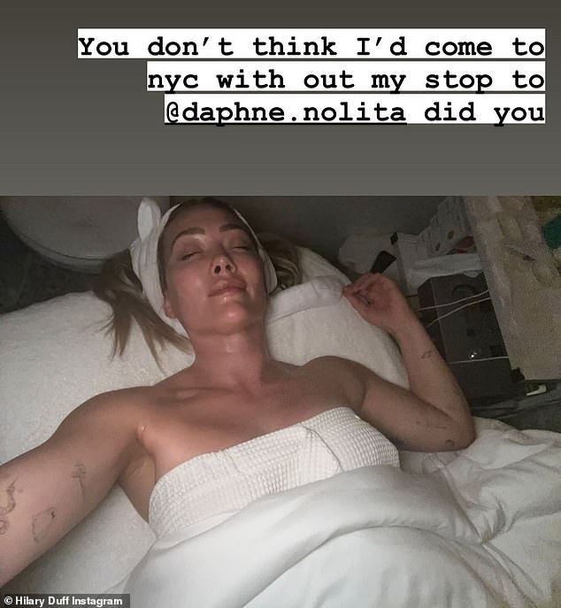 Pampering: Even though she was on a work trip, the busy mom took some time to pamper herself, sharing a post-facial photo on social media explaining: 'You don't think I'd come to New York without my stop for @daphne. nolita did you do it?'