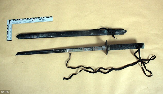 Arsenal: This samurai sword was among other weapons found in the trunk of a car driven by the men