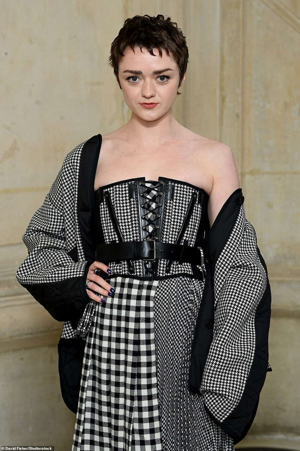 Quirky: Game of Thrones star Maisie, 25, meanwhile, showed off her sense of style in a strapless plaid dress that she wore with a cinching belt and black tights