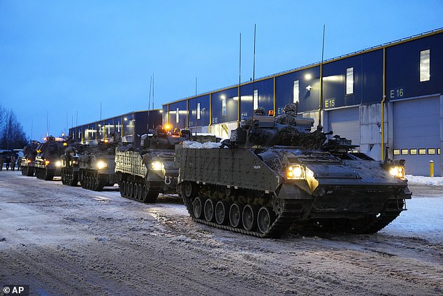 British armored vehicles prepare to move at the Tapa Army Camp in Estonia on Thursday, January 19, 2023.