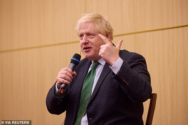 Former British Prime Minister Boris Johnson addresses students at Taras Shevchenko State University, amid Russia's attack on Ukraine, in Kyiv, Ukraine, on January 22, 2023.