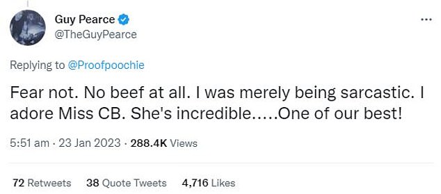 Nothing to see here: When asked by his followers what his problem with Blanchett was, Pearce deleted all offensive tweets on Monday and assured fans there was no fight.