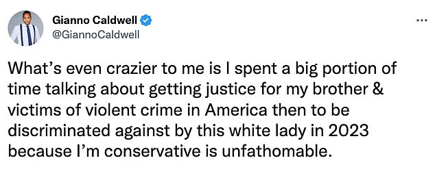 Caldwell explained in a series of tweets how he discussed politics with friends, saying the incident was a clear case of discrimination and promoted 