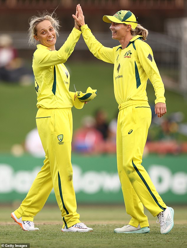 Meg Lanning (right) celebrates a wicket with Ash Gardner (left) in the third game of Australia's ODI series against Pakistan.  The Australian captain said the team was just behind their indigenous star.