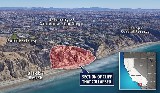 This is where the cliff collapse occurred Friday afternoon in north San Diego