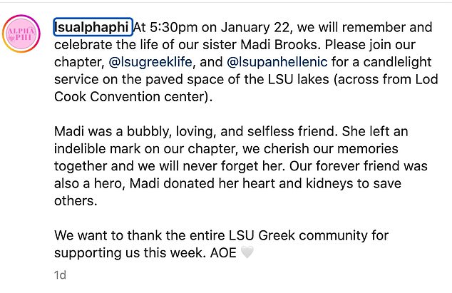 Brooks' LSU sorority posted a touching tribute to their sister on Instagram Monday