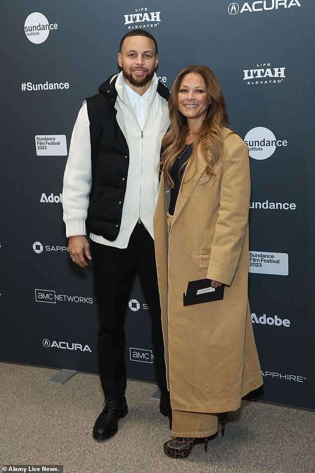 Stephen and Sonya: The Curry also hit the red carpet with Stephen's mom, Sonya Curry, who opted for a black T-shirt under a brown trench coat.