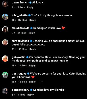 Sending love: Kate received an outpouring of support in the comments section, with celebrities like Dawn French, Claudia Winkleman and Dermot O'Leary sending their love