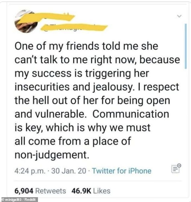 This person revealed that her friend has 'insecurities' caused by her own success, and that success makes her friend jealous.