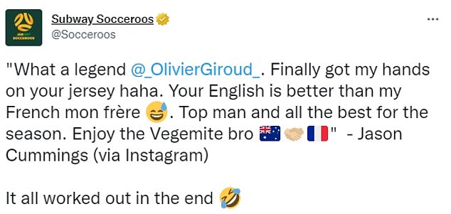 Cummings patched things up with the Frenchman, revealing that he sent him some Vegemite