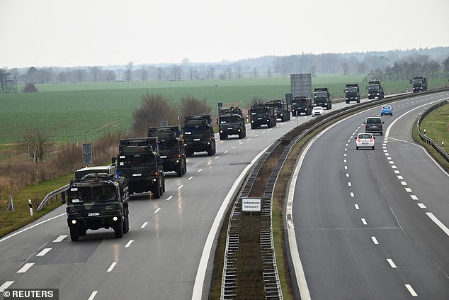 A view of part of the convoy as Patriot mobile defense surface-to-air missile systems are transported to Poland yesterday.