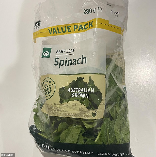 The discovery comes just weeks after a nationwide spinach recall after a child was hospitalized for eating a toxic batch of spinach (a bag of Woolworths brand spinach leaves pictured).