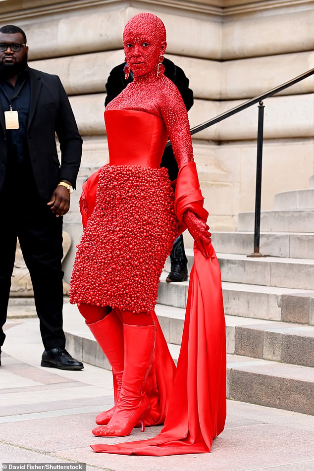 Lady in Red!  The outfit, which took five hours to perfect, was a 'trigger' for numerous fans, who took to Twitter to share their disgust at how the outfit caused her trypophobia to 'act up' after seeing photos of her in the French capital.