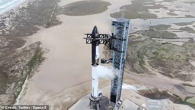 The 395ft-tall rocket and accompanying craft was fuelled up and fully stacked for the first time ever on Monday, as SpaceX completed a 'wet dress rehearsal' for the vehicle at its Starbase facility in south Texas