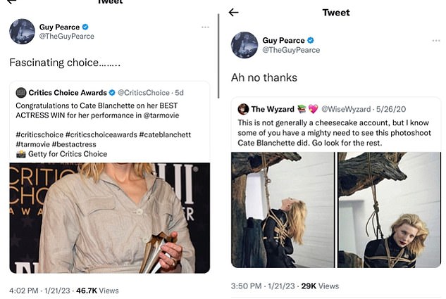 Barbed: When Blanchett won the award for her role as songwriter Lydia Tár, the Memento actress retweeted the announcement (left).  She later retweeted images of Blanchett posing for a bondage-inspired photo shoot (right).