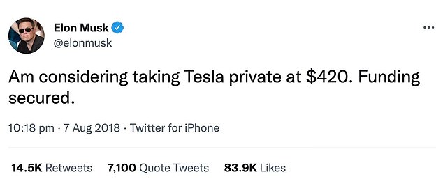 The case centers on a tweet Musk sent in August 2018 in which he claimed the funding was 