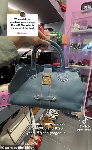 In the clip, Angela showed off a variety of bags, including a vintage 2000s Louis Vuitton runway bag for $1020 (pictured).