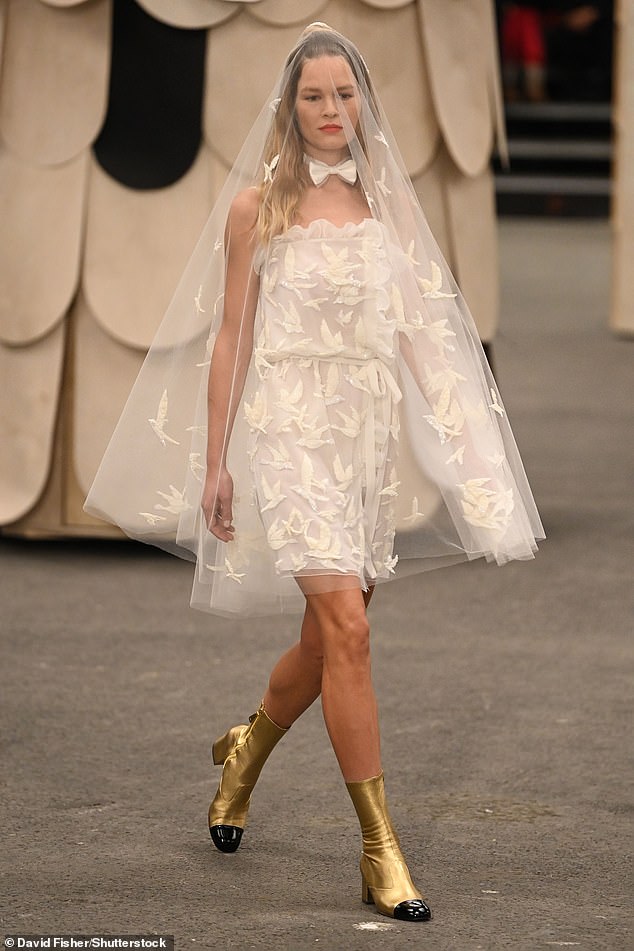 Ethereal: Bridal lace numbers were worn with matching silk bow ties and gold ankle boots.