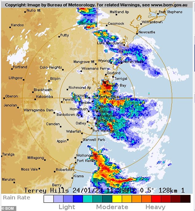 A Met Office map (pictured) shows the extent of the storms that battered the New South Wales coast on Tuesday.