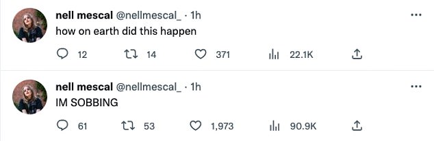 Tweets: She then shared a series of tweets as the news sank in with first reading: 'I'M SOBBING', and then 'how the hell did this happen?'