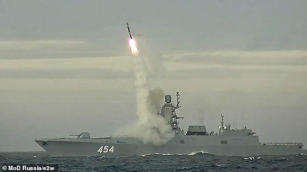 Russia's Admiral Gorshkov is shown during a test launch of his Zircon missiles in the Barents Sea.