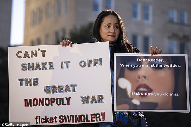 Protesters demonstrate against the live entertainment ticketing industry in front of the US Capitol on Tuesday