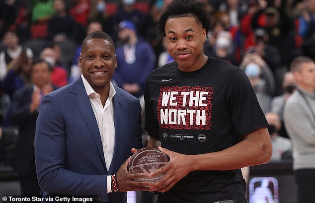 Raptors executive Masai Ujiri (left) was offered three first-round options for OG Anunoby (not shown)