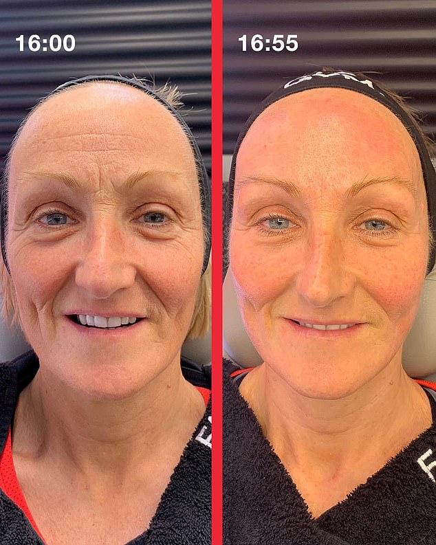 The revolutionary concept sees a facialist, or 'facial trainer', perform a series of sculpting movements that tone and tighten your face while you sit back and relax for 45 minutes to an hour (before and after pictured).