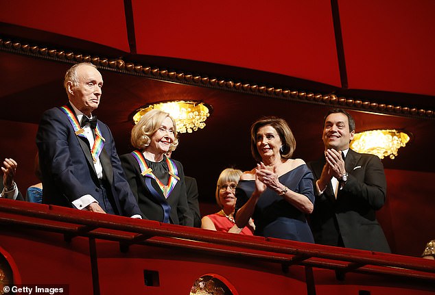 Dynamic duo: He, along with Joan Ganz Cooney, founded Sesame Workshop in May 1968, as the two are seen from left to right alongside US House Speaker Nancy Pelosi at the Kennedys Honors in Washington DC in December 2019.