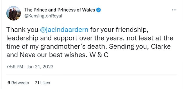 The Prince and Princess of Wales shared a heartfelt message, addressed to the New Zealand Prime Minister, on their Twitter page.