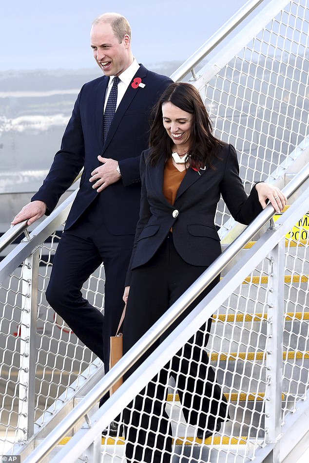 Prince William and Jacinda Ardern on his solo visit to New Zealand in 2019, where he took part in ANZAC ceremonies and visited the two mosques where a gunman killed 50 people in March that year