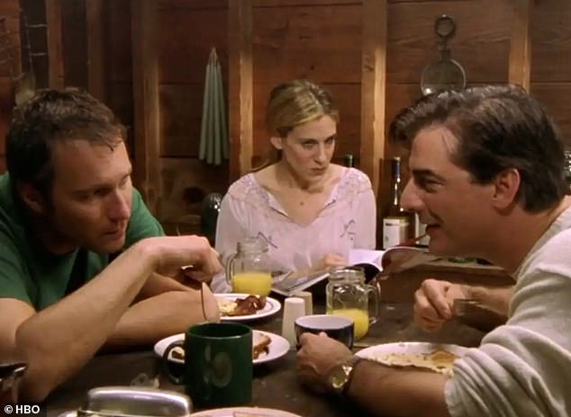 Three's a crowd: Carrie first dated Aidan in season three, before cheating on him with Big, then rekindled a romance in season four, before calling it quits (pictured, SJP, Aidan and Big, played by Chris Noth in the fourth season)