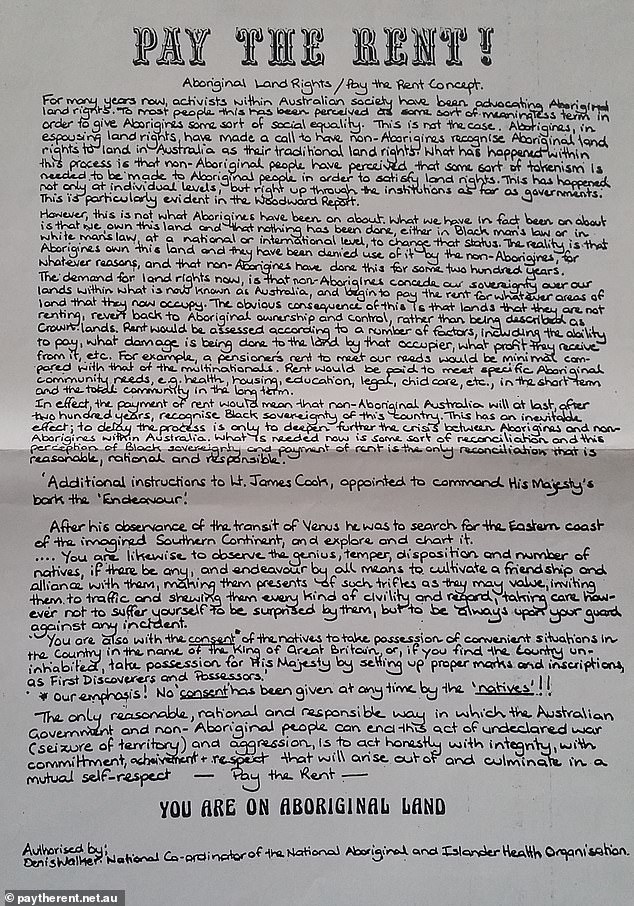 'Pay the rent' was developed as a policy by the National Aboriginal and Islander Health Organization (NAIHO).  In the photo above, a NAIHO document