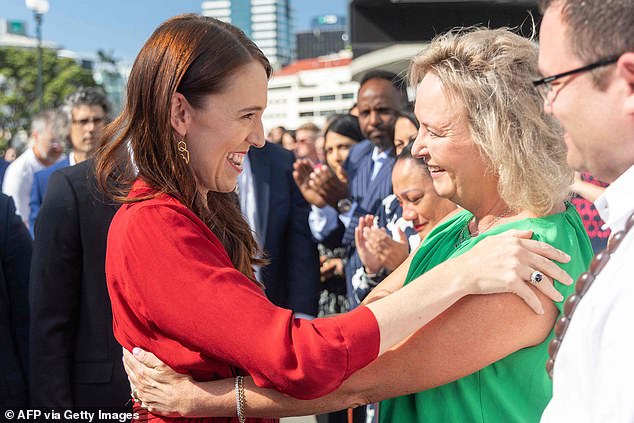 Ms. Ardern hugged each member of her own group who was there to see her off.