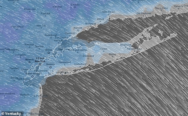 A Ventusky image suggests parts of New York could see a couple inches of snow starting tomorrow