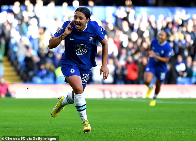 Sam Kerr celebrates a Chelsea goal in a WSL match against Tottenham in November 2022