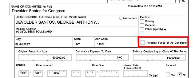 THE CHANGE: A new filing Tuesday shows the box indicating the loan came from 'candidate's personal funds' was not checked