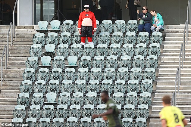 But despite the Socceroos' World Cup heroics, the number of spectators in the A-League each week remains appalling (pictured, a pitiful crowd during a recent match in Wollongong)