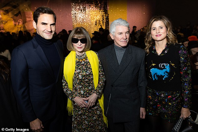 Roger Federer (left) and his wife Mirka (right) at a fashion event in Paris with Vogue icon Anna Wintour (2nd from left) and Australian director Baz Luhrmann (2nd from right)