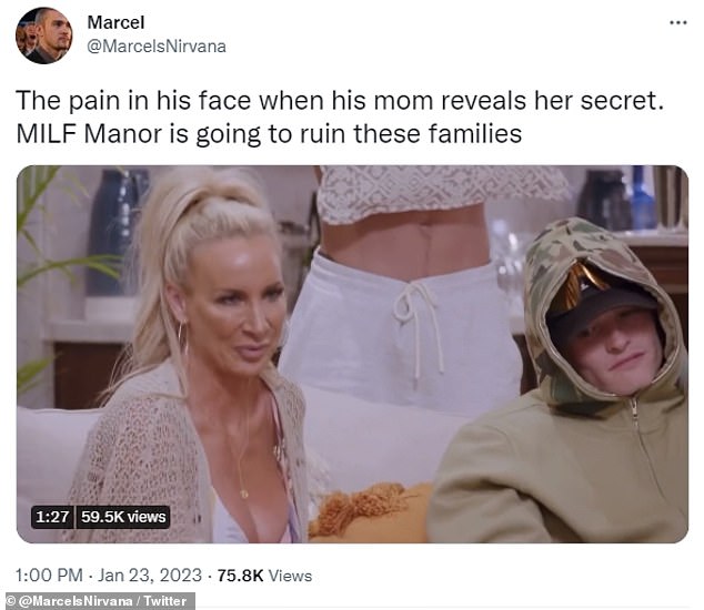 It was posted with the comment: 'The pain on her face when her mother reveals her secret.  MILF Manor is going to ruin these families