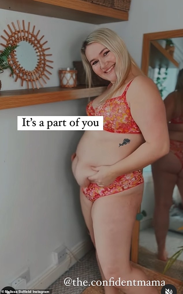 Confident: Melissa Suffield has said new mums don't need to hide their 'mommy bellies' as she shares a video of herself in a bikini