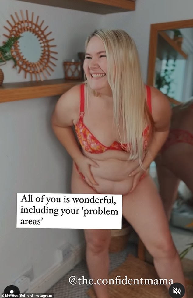 Body positivity: The former EastEnders star who frequently posts videos about her body confidence slid into a red floral two-piece for the clip