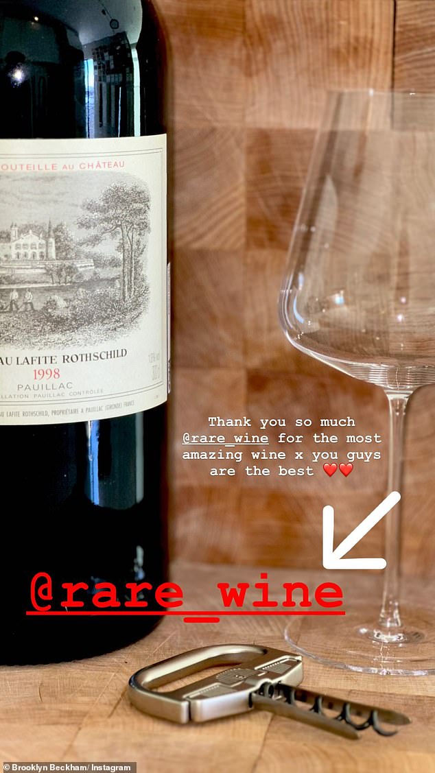 Wow: The aspiring chef, 23, took to his Instagram Stories to thank wine and spirits provider RareWine for sending him an exquisite bottle of 1998 Chateau Lafite Rothschild.