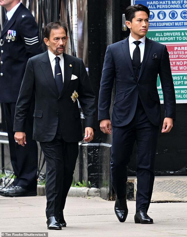 Sultan of Brunei Hassanal Bolkiah pictured with his son Prince Abdul Mateen attending the Queen's funeral in September 2022.