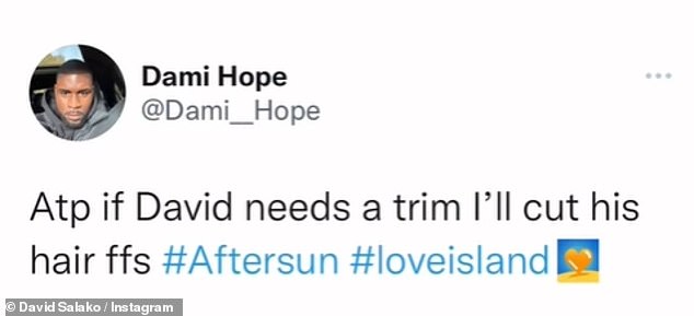 Called out: The newest islander shared a screenshot of Dami's recent tweet calling out David for his hair