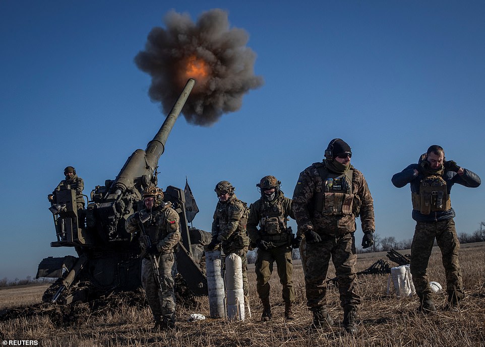 Bronk thinks Ukraine could beat Russia this year, but Western support would be vital.  Pictured: A Ukrainian artillery team fires yesterday at Russian positions near the town of Bakhmut in the Donetsk region.