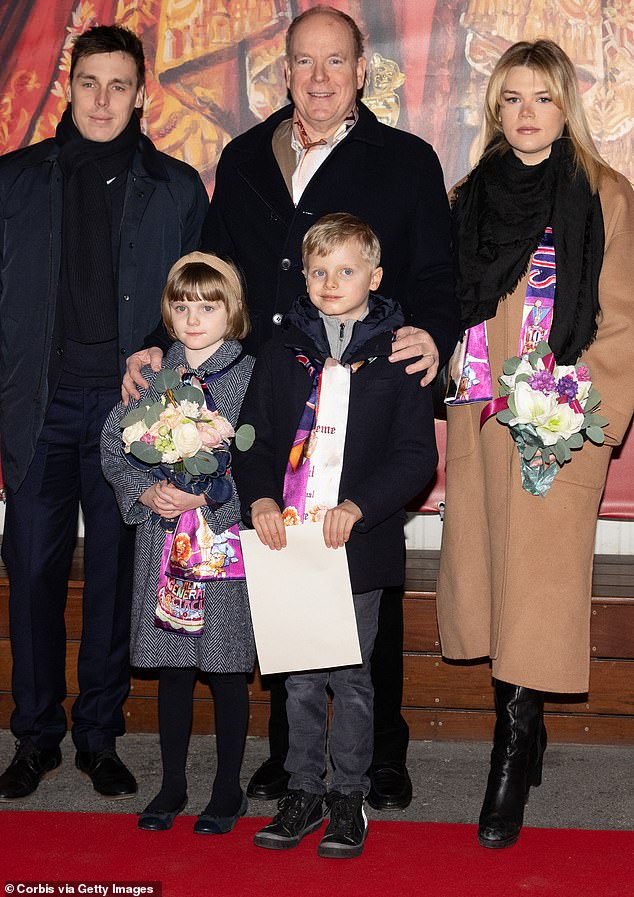 Prince Albert, 64, pictured with his eight-year-old twins Princess Gabriella and Prince Jacques as they arrived at the International Circus Festival on Sunday evening with royal niece Camille Gottlieb (right) and nephew Louis Ducruet (left)