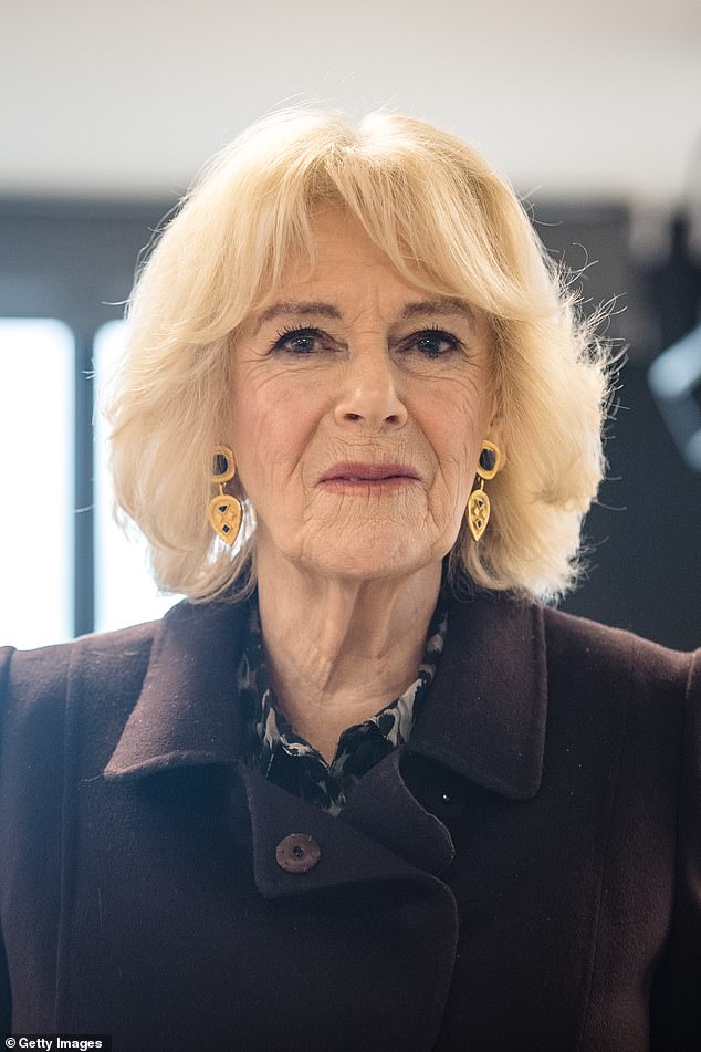 Camilla donned elegant gold drop earrings that featured a black diamond stone for the visitor.