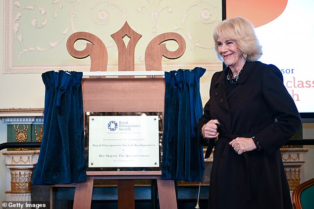 The Queen Consort unveiled a plaque during her visit to the Royal Osteoporosis Society reception in the Guildhall